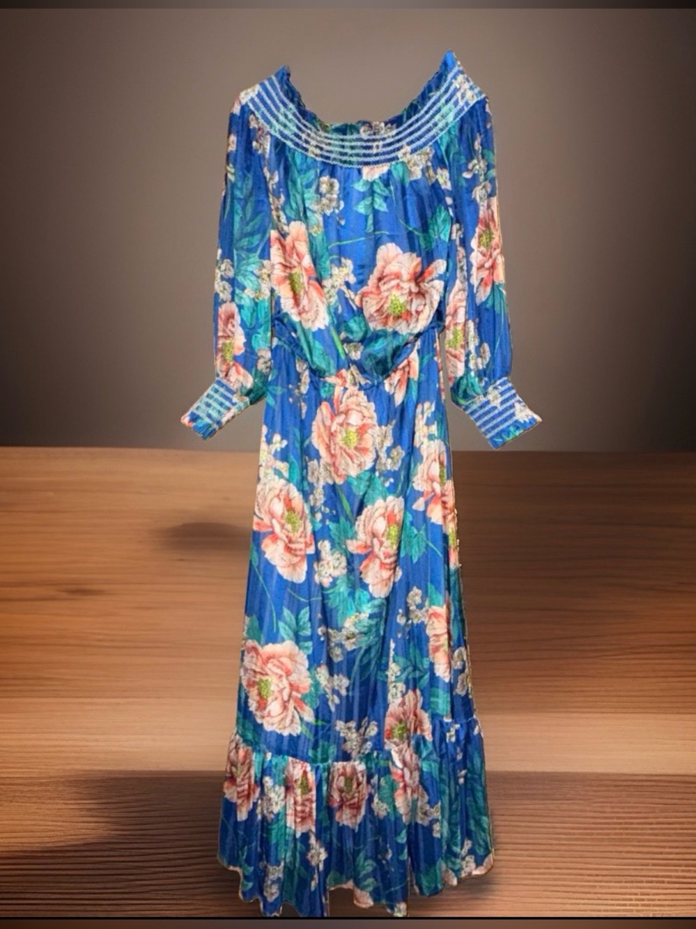 Boston Proper Off the Shoulder Blue Maxi Dress with Pink Floral Print-L-EC